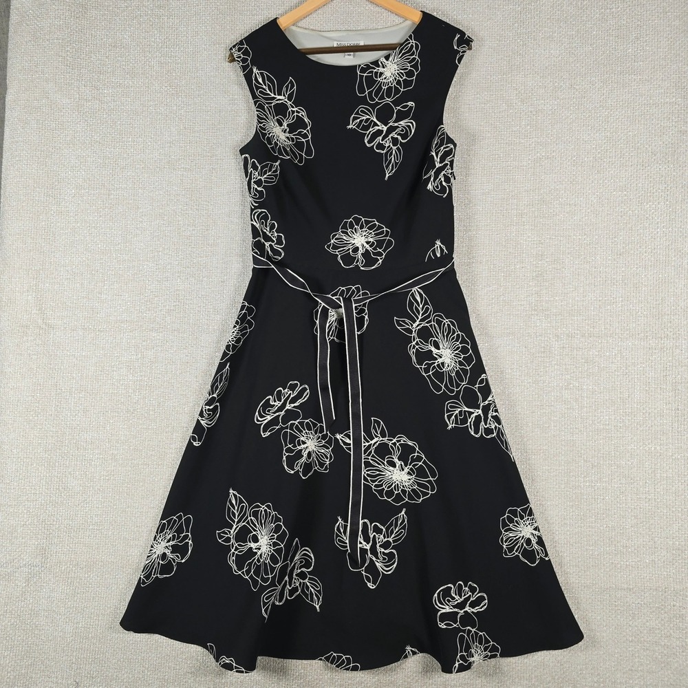Miss Dorby Womens Black White Floral Fit & Flare Belted Dress Size 10 Sleeveless